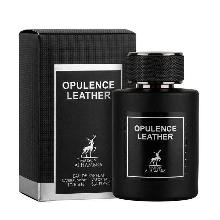 Perfume Maison Alhambra Opulence Leather EDP 100ml con botella elegante y diseño sofisticado en color oscuro.