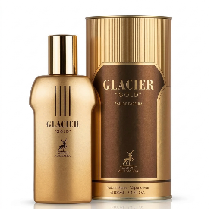 Perfume Maison AlHambra Glacier Gold Edp para hombre, frasco de 100 ml con diseño elegante y moderno.