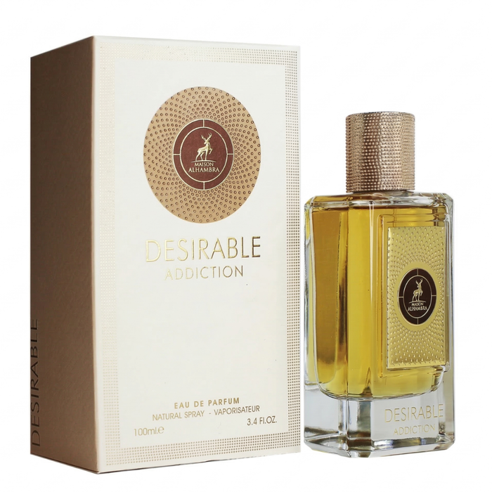 Perfume Maison Alhambra Désirable Addiction Mujer, frasco de 100 ML, con diseño elegante y detalles en la botella