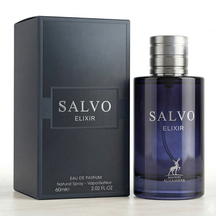 Perfume Maison Alhambra Salvo Elixir Edp, frasco de 60 ml con diseño elegante y moderno.