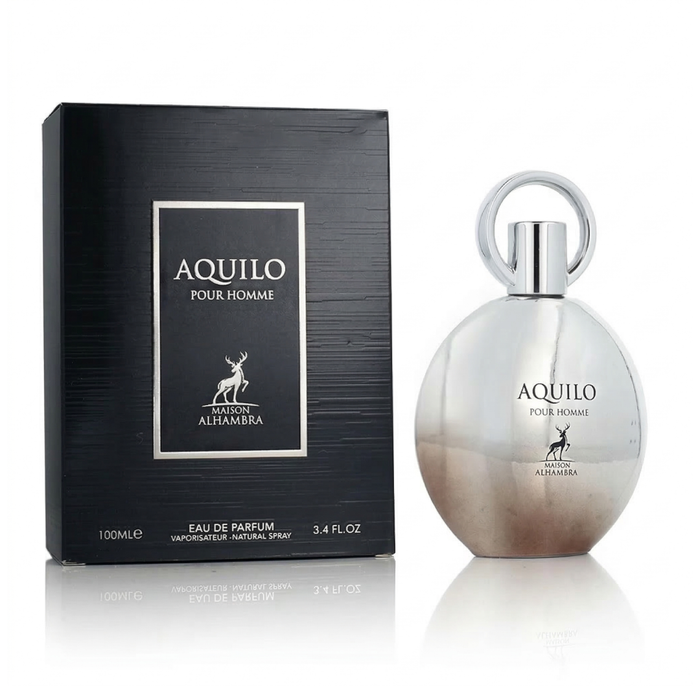 Perfume Maison Alhambra Aquilo Pour Homme en frasco de 100 ml, con diseño elegante y detalles del producto en la imagen.