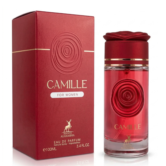 Perfume Maison Alhambra Camille para mujer, frasco de 100 ml con diseño elegante y moderno, fragancia floral y fresca.