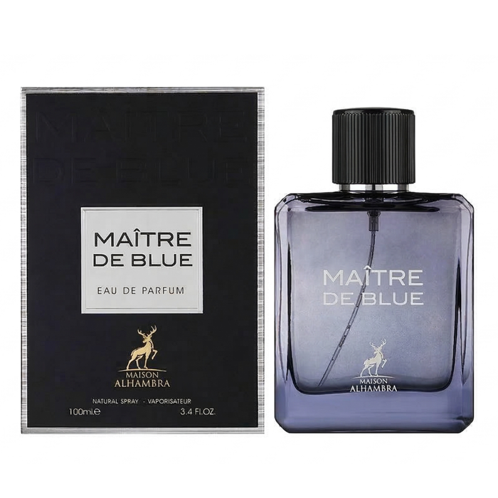 Perfume Maison Alhambra Maitère de Blue Edp 100ml en botella con diseño elegante y color azul.