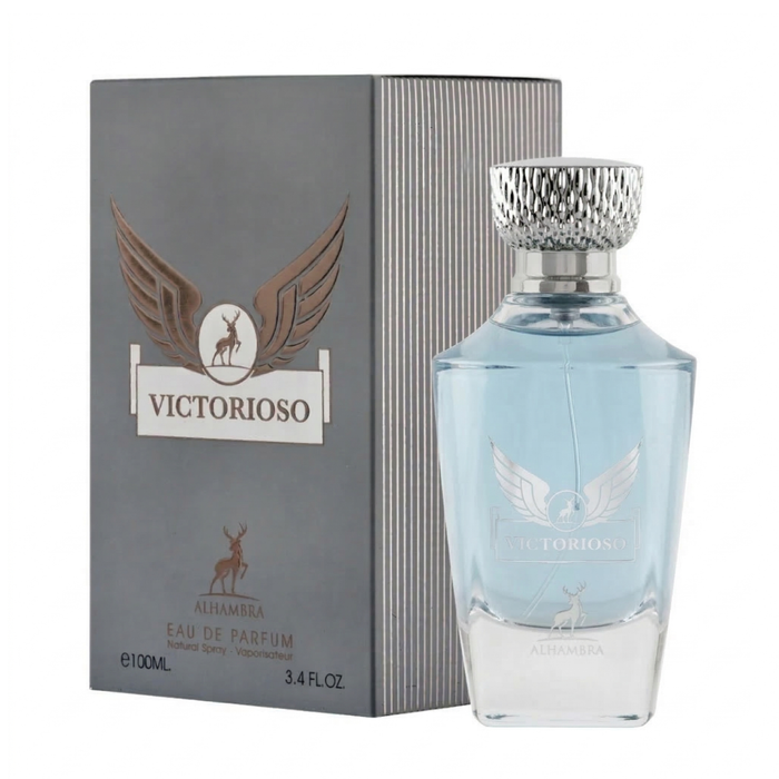 Perfume Maison Alhambra Victorioso para hombre, frasco de 100ml, con diseño elegante y moderno.