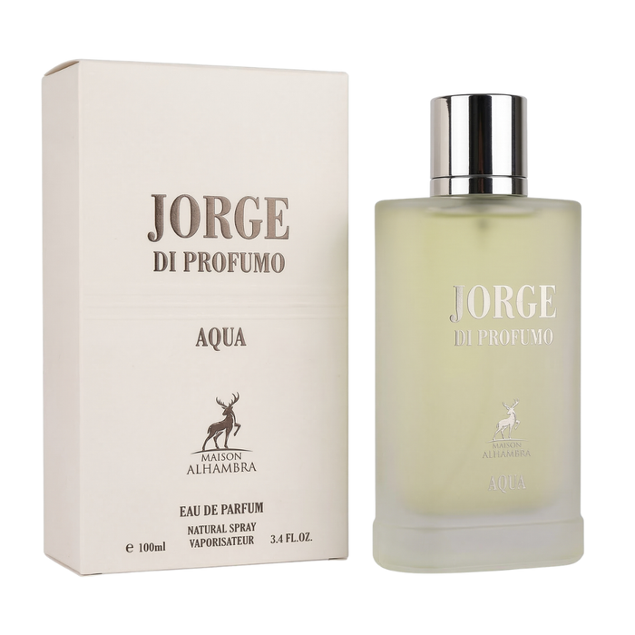 Perfume Maison Alhambra Jorge Di Profumo Aqua de 100ml con frasco elegante y diseño moderno en la imagen.