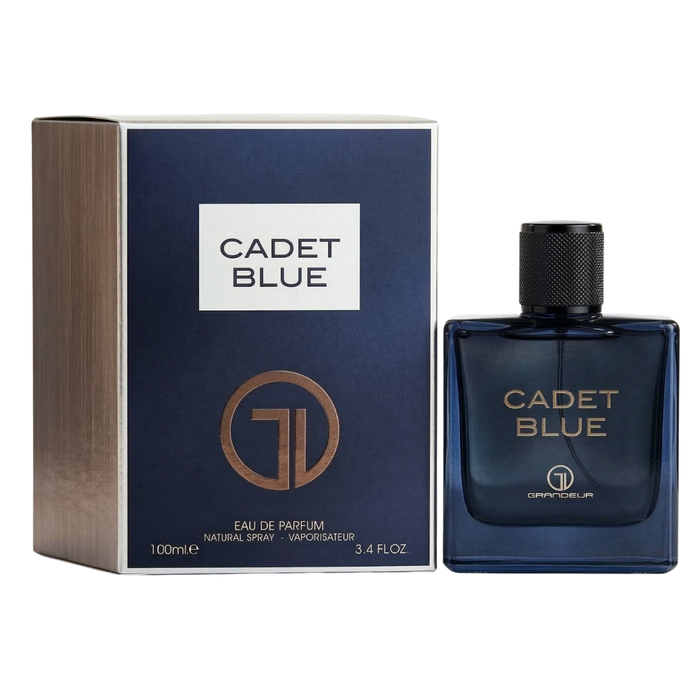 Perfume GRADEAUR CADET BLUE para hombres de 100ml de Maison Alhambra, frasco con diseño en tonos azules y detalles elegantes.