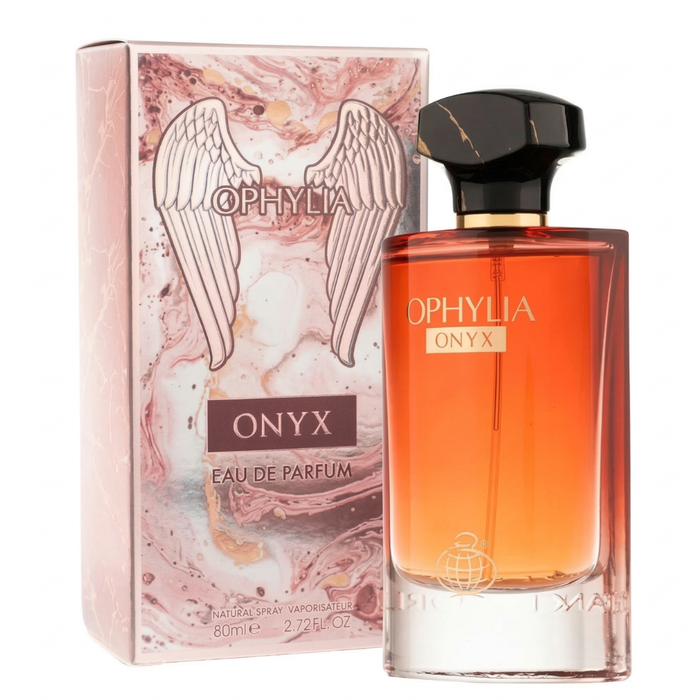 Perfume Ophylia Onyx Edp de 80ml de Fragrance World, frasco con diseño elegante y detalles en negro y dorado.