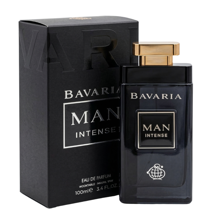 Perfume Bavaria Man Intense de 100 ml de Fragance World, frasco elegante y diseño de la botella del perfume en la imagen.