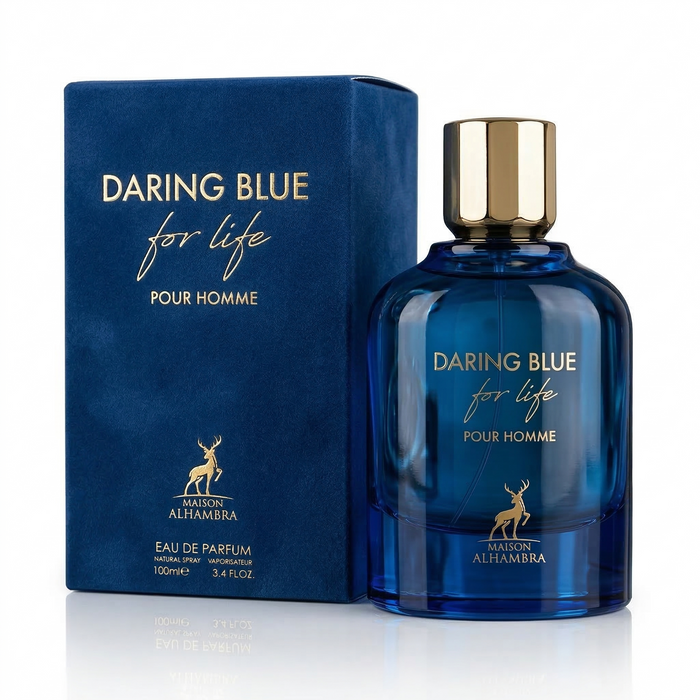 Perfume Maison Alhambra Daring Blue For Life para hombre, frasco de 100ml con diseño en tonos azules y detalles elegantes.