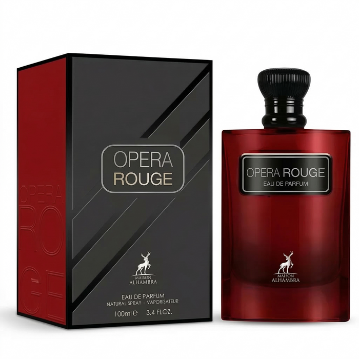 Perfume Maison Alhambra Opera Rouge Edp 100 ml para mujer, botella elegante de perfume con diseño moderno y color rojo.