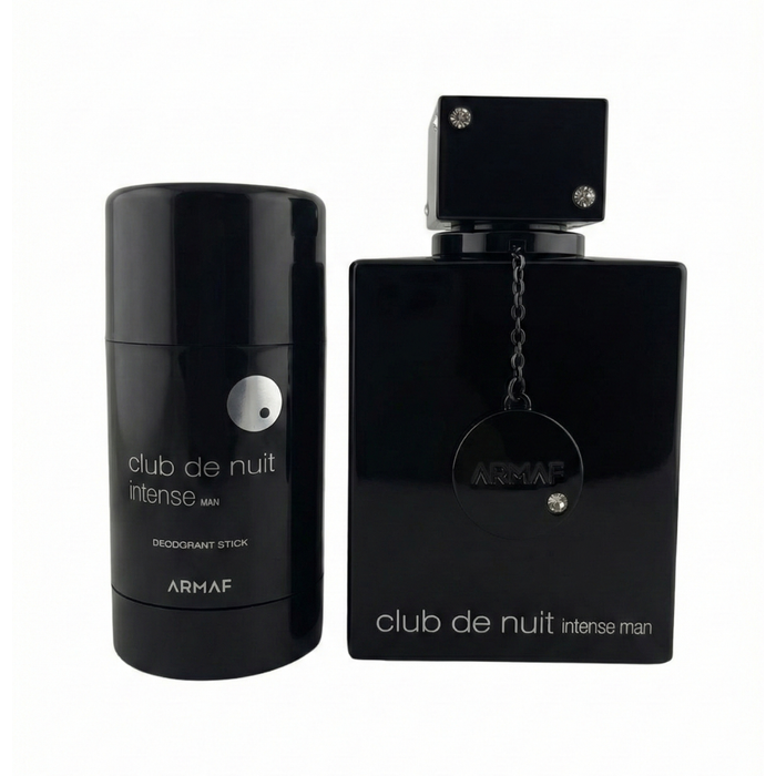 Set de desodorante Armaf Club de Nuit 105ml y stick en barra de 75g, con envases elegantes y detalles del producto en la imagen.
