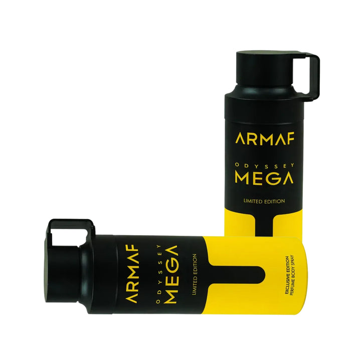 Desodorante Armaf Odyssey Mega Limited en aerosol de 200 ml con diseño elegante y fragancia distintiva.
