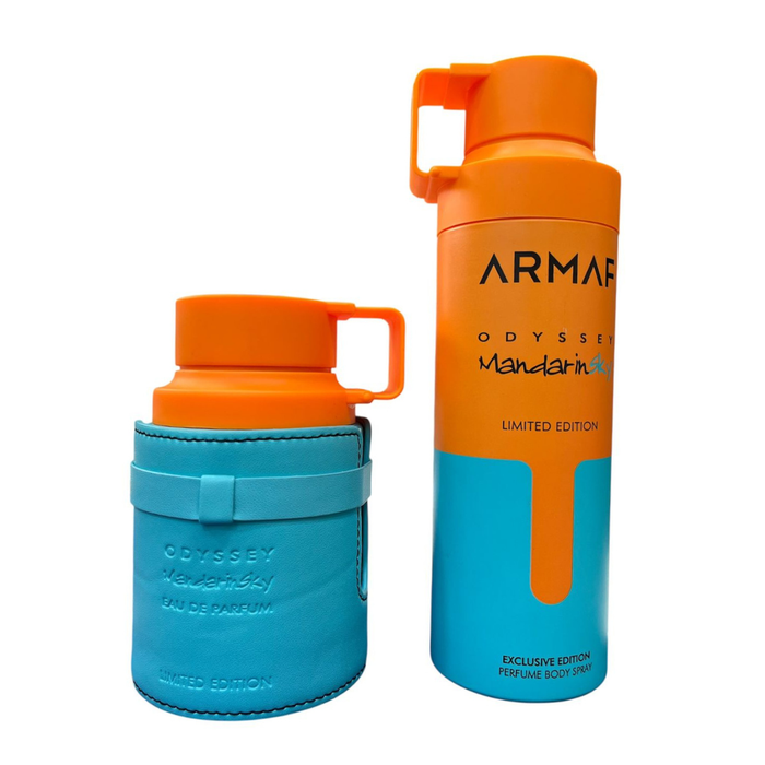 Perfume Armaf Mandarin Sky de 100ml y desodorante de 200ml en envases elegantes, ideales para un aroma fresco y duradero.