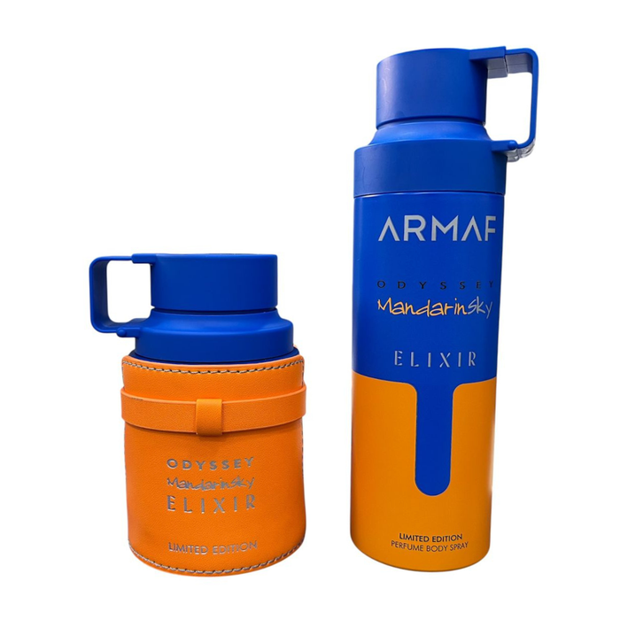 Perfume Armaf Odyssey Sky Elixir de 100ml y desodorante de 200ml en envases elegantes, ideales para el cuidado personal.