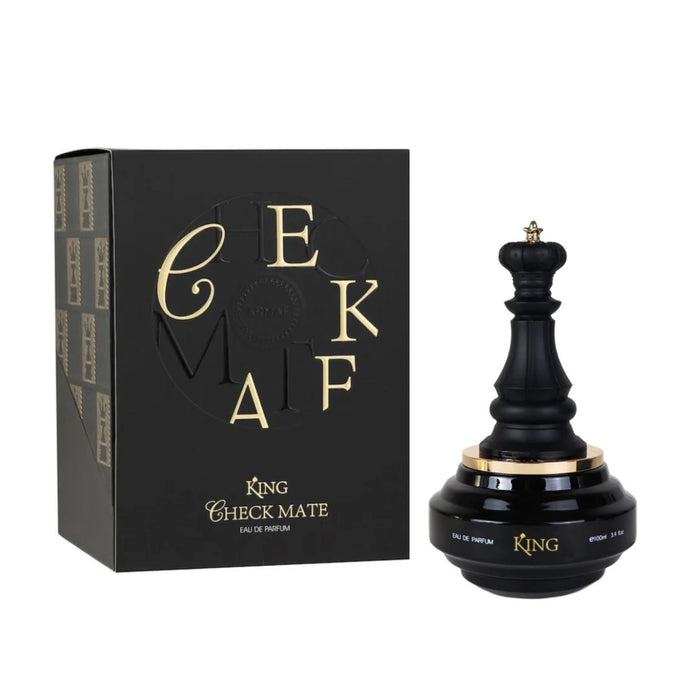 Perfume Armaf Check Mate King Negro 100ml con frasco elegante y tapón, mostrando el diseño del perfume en un fondo neutro.