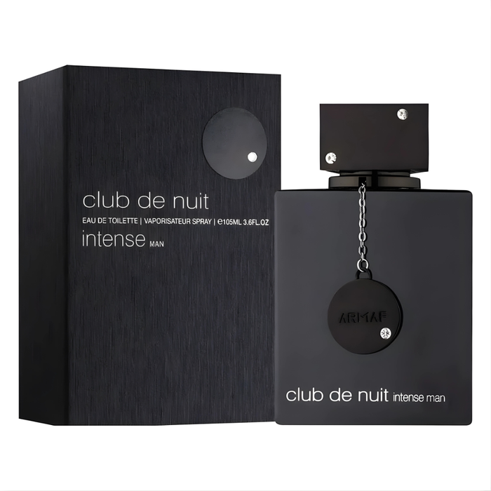 Perfume Armaf Club De Nuit Intense Man EDT 105 ml, frasco de vidrio con diseño elegante y tapa plateada.