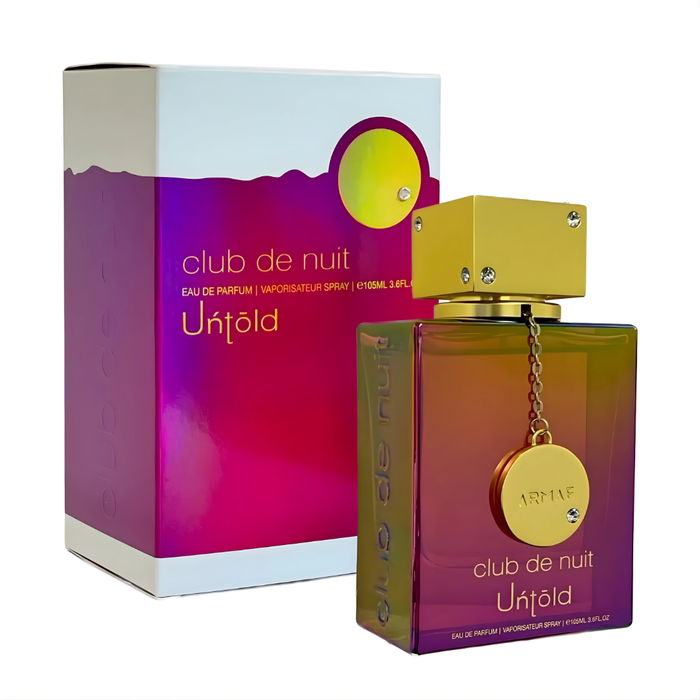 Perfume unisex Armaf Club de Nuit Untold con fragancia ambarada y amaderada en frasco de 105 ml, con diseño elegante y moderno.