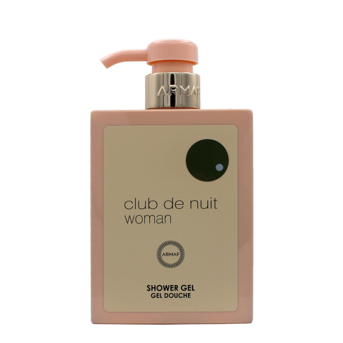 Gel de ducha para mujer Club de Nuit de Armaf, envase de 360 ml, con diseño elegante y frascos de perfume en la imagen