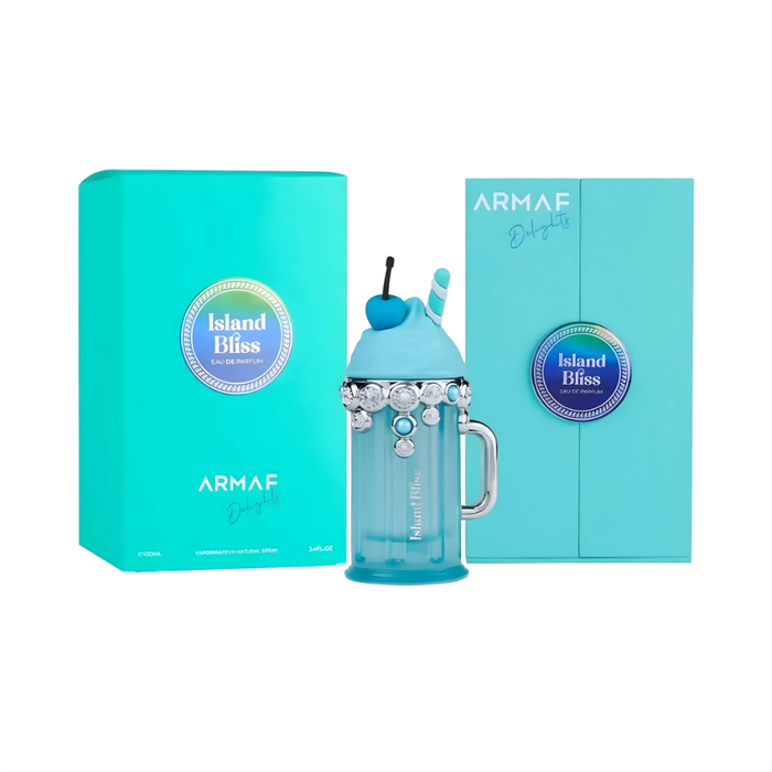 Perfume Armaf Island Bliss Delights EDP de 100 ml con frasco elegante y diseño colorido.