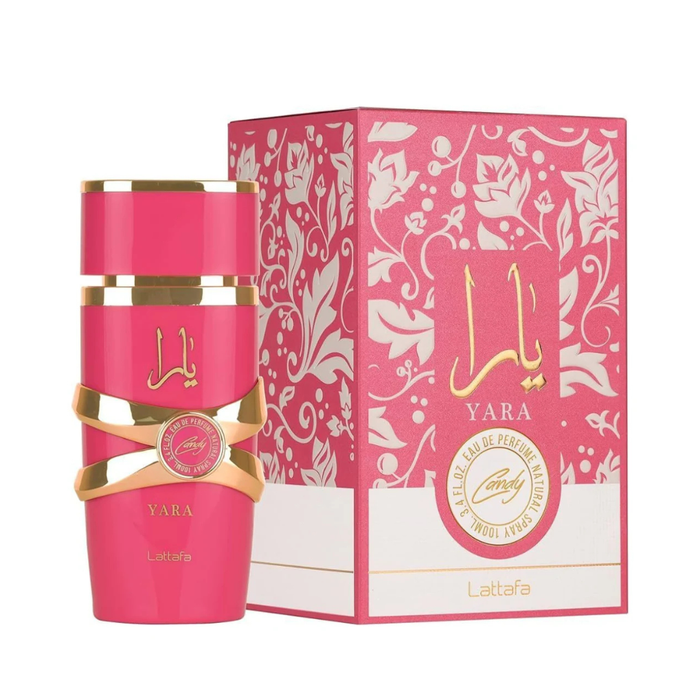 Perfume Armaf Lattafa Yara Candy EDP 100ml para mujer, botella elegante con diseño moderno y frasco de perfume.
