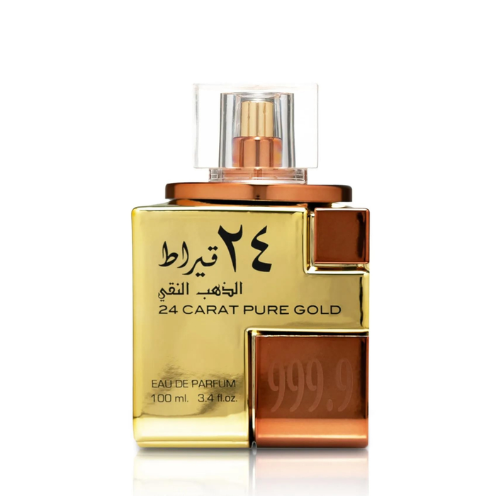 Perfume Lattafa 24 Carat Pure Gold en botella de 100 ml, envase elegante y dorado, fragancia exclusiva y sofisticada.