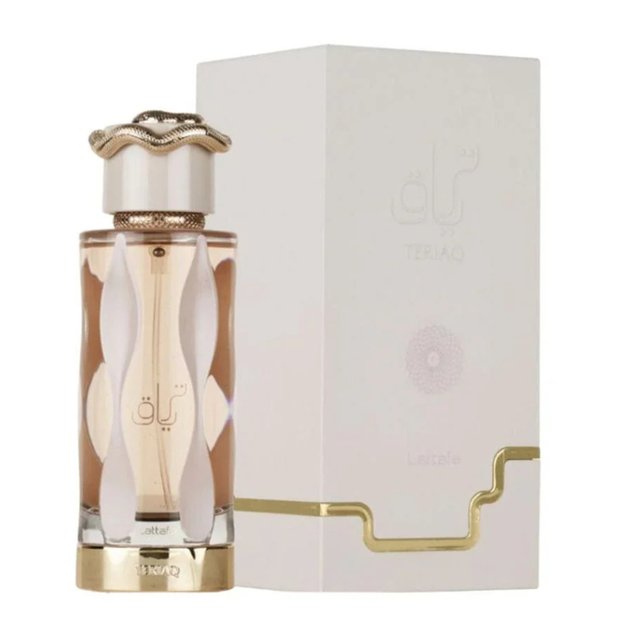 Perfume Lattafa Teriaq Edp de 100ml con diseño elegante y frasco sofisticado en la imagen.