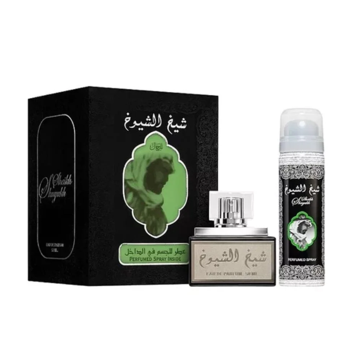 Desodorante unisex Lattafa Sheikh Al Shuyukh edp 50ML de Premium Perfumes, con diseño elegante y frasco transparente.