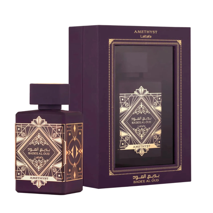 Perfume unisex Lattafa Badee Al Oud Amethyst Edp de 100ml con frasco elegante y diseño distintivo.