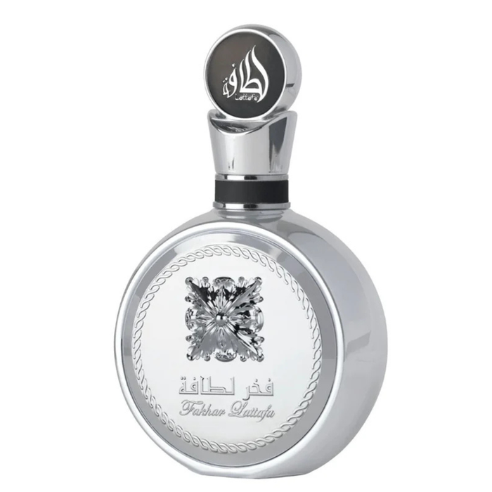 Perfume LATTAFA FAKHAR PLATIN en frasco de 100ml con diseño elegante, para hombre y mujer, de la marca Premium Perfumes.