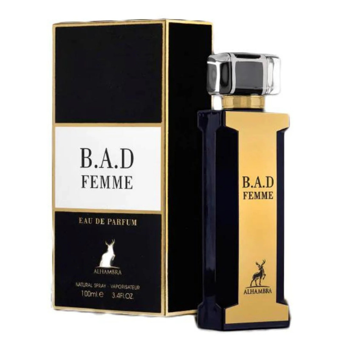 Perfume Femme Maison Alhambra Bad Edp 100 ml, frasco elegante inspirado en Good Girl de Carolina Herrera