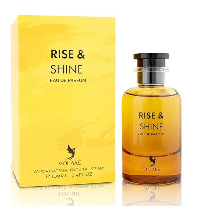 Perfume Rise & Shine de Volare EDP 100 ml, frasco elegante con aroma vibrante y fresco, ideal para uso diario.