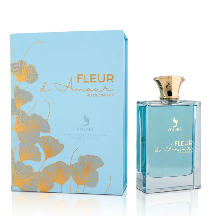 Perfume Volare Fleur de Amour EDP de 100 ml con frasco elegante y detalles florales en la etiqueta.