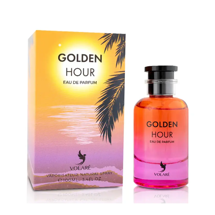 Perfume Volare Golden Hour EDP 100 ml, inspirado en City of Stars de Louis Vuitton, con frasco elegante y diseño sofisticado.