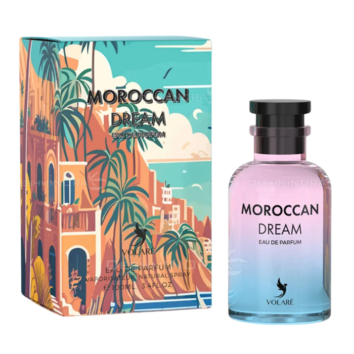 Perfume Volare Moroccan Dream EDP 100 ml con frascos elegantes y detalles dorados, inspirado en California Dream de Louis Vuitton.