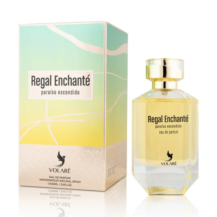 Perfume Volare Regal Enchante Paraiso Escondido EDP 100 ml, botella elegante con diseño aromático y frascos de perfume.