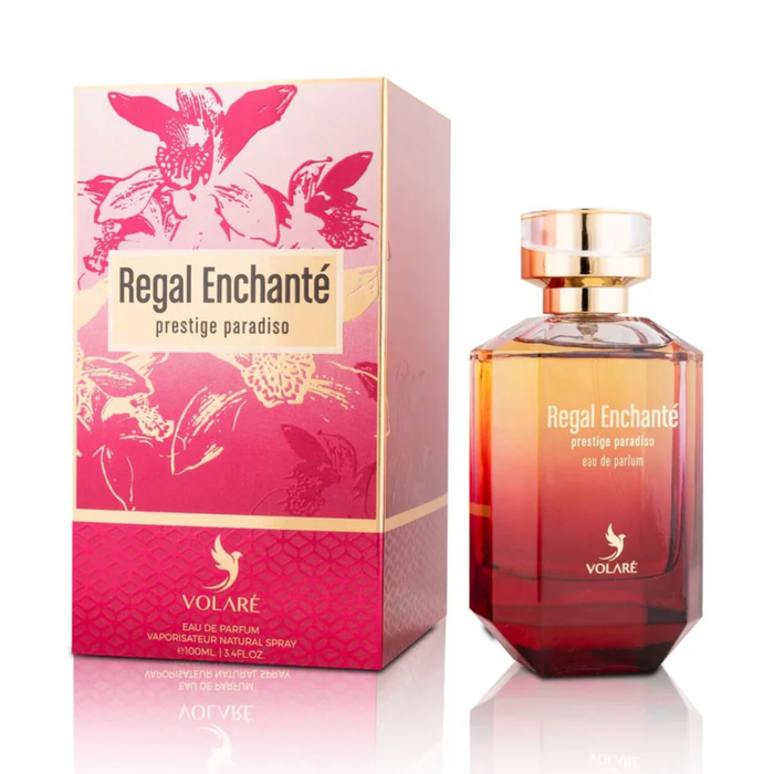 Perfume Volare Regal Enchante Prestige Paradiso EDP 100 ml con frasco elegante y diseño sofisticado.
